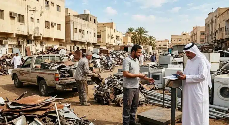 فريق عمل محترف يقوم بأعمال تقييم ورفع السكراب والخردة بدقة وأمان باستخدام أحدث المعدات والسيارات المجهزة ضمن خدمات شراء سكراب حي الشفا لضمان سرعة الإنجاز وراحة العملاء.