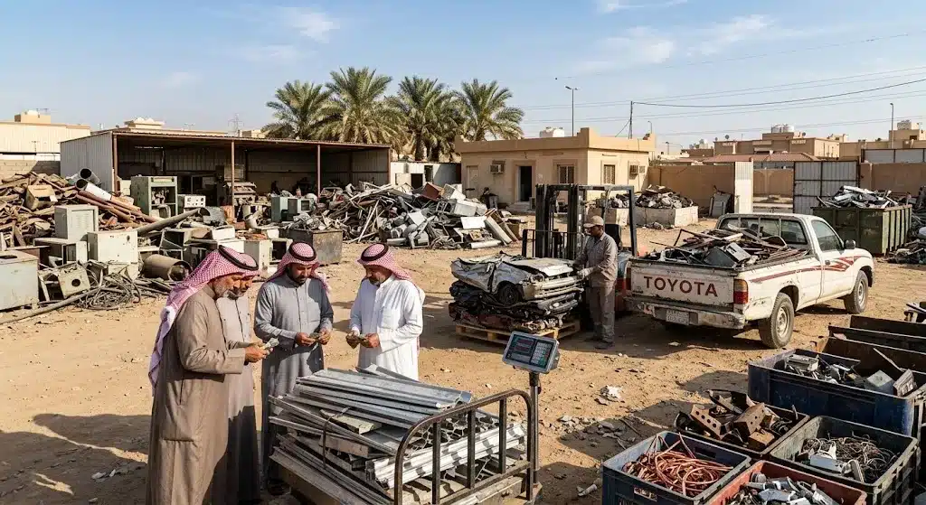 فريق عمل محترف يقوم بأعمال فحص وتصنيف وتحميل السكراب والخردوات بدقة وأمان باستخدام أحدث المعدات وسيارات النقل ضمن خدمات شراء سكراب حي الجنادرية لضمان سرعة الإنجاز والمحافظة على نظافة المكان وراحة العملاء.