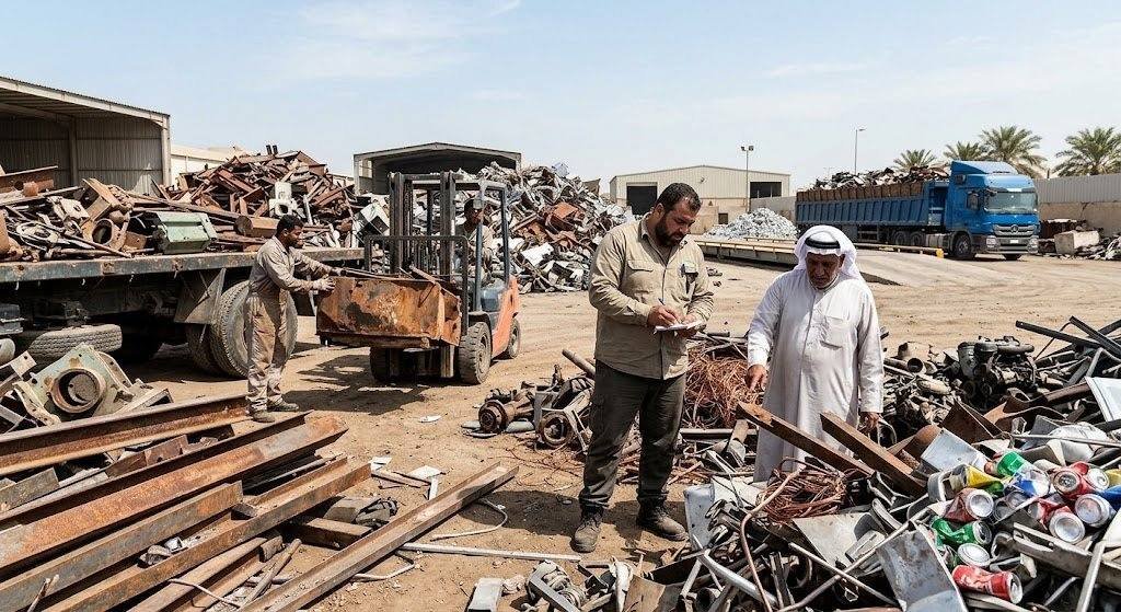 فريق عمل محترف يقوم بأعمال فحص وتحميل السكراب والخردة بدقة وأمان باستخدام أحدث المعدات ضمن خدمات شراء سكراب حي طويق لضمان تقديم تقييم عادل وسرعة في الإنجاز وراحة العملاء.