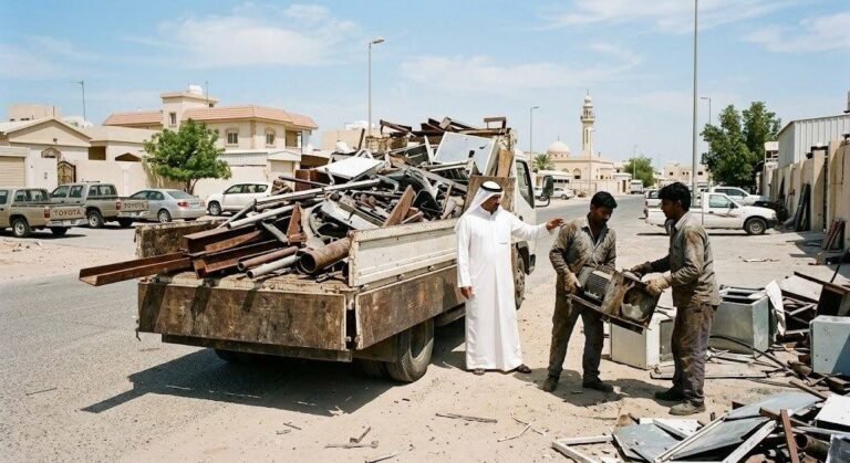 فريق عمل محترف يقوم بجمع وفرز السكراب والخردة والمعادن بدقة وأمان باستخدام أحدث المعدات وسيارات النقل ضمن خدمات شراء سكراب حي الجزيرة لضمان التخلص الآمن والسريع وراحة العملاء.